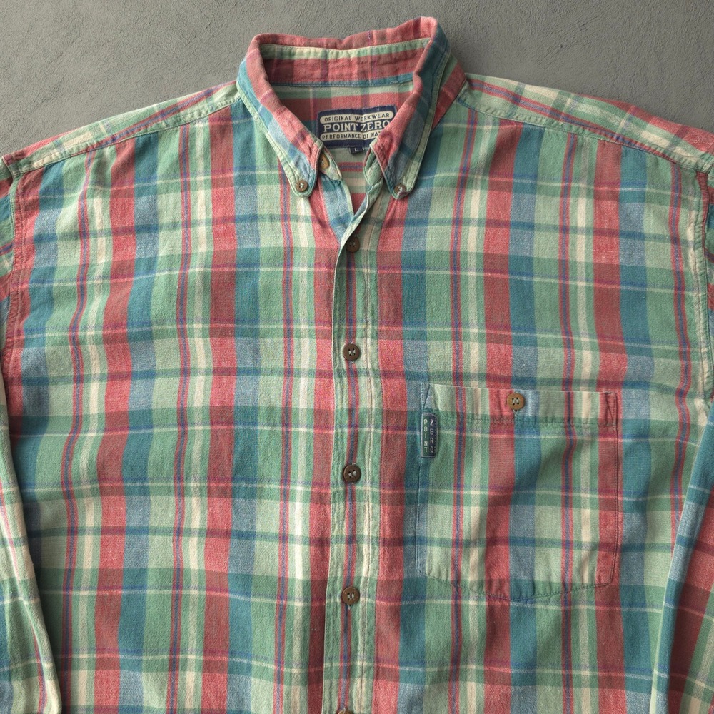 Vintage 90s Point Zero Green Plaid Button Up Shirt Large Long Sleeve - Picture 2 of 12